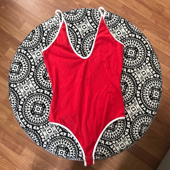 Express Tops - Express Red and White Plunge Bodysuit
